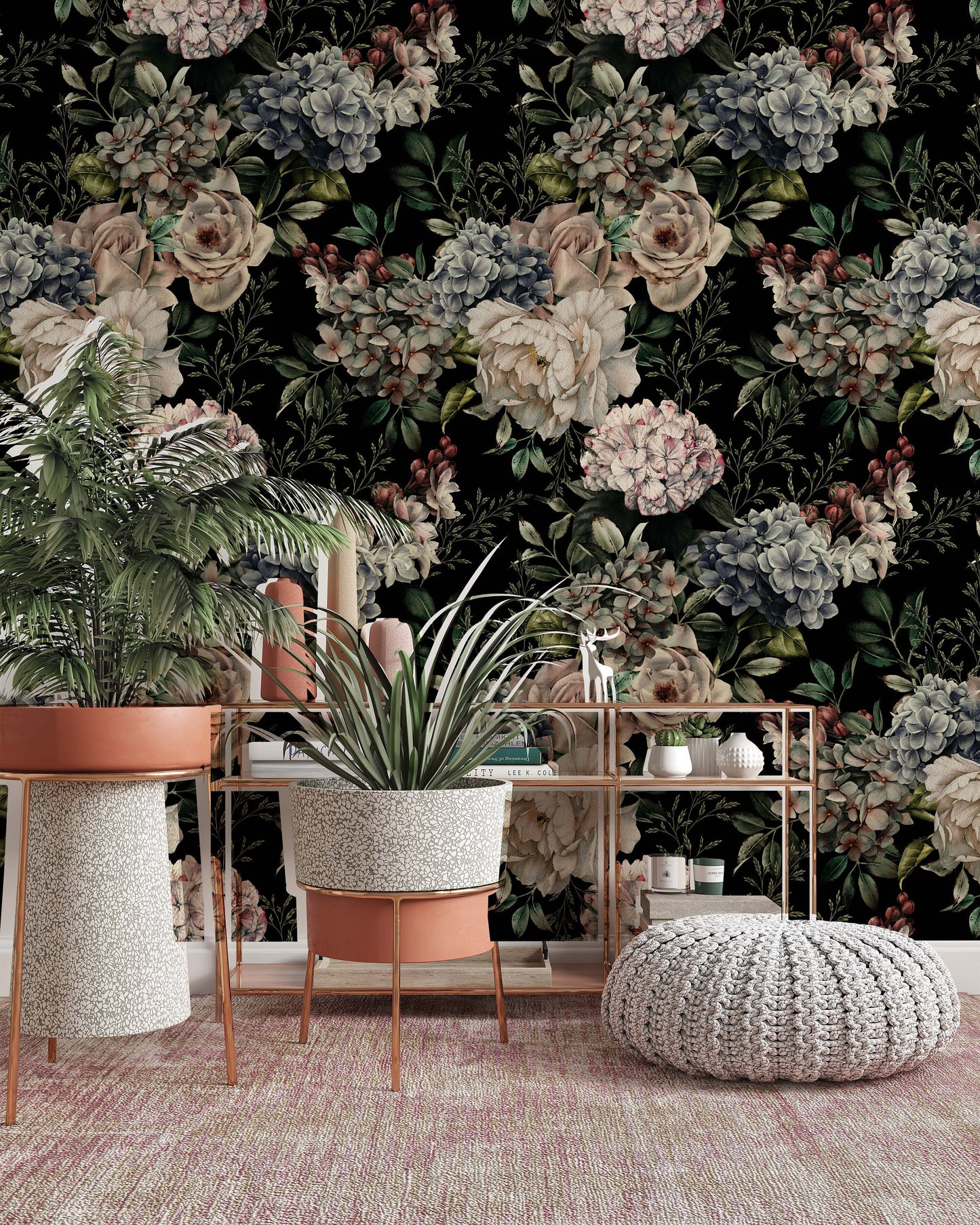 Floral Pattern With Flowers On Dark Background Wallpaper Restaurant Cafe Office Living Room Bedroom Mural Home Wall Art