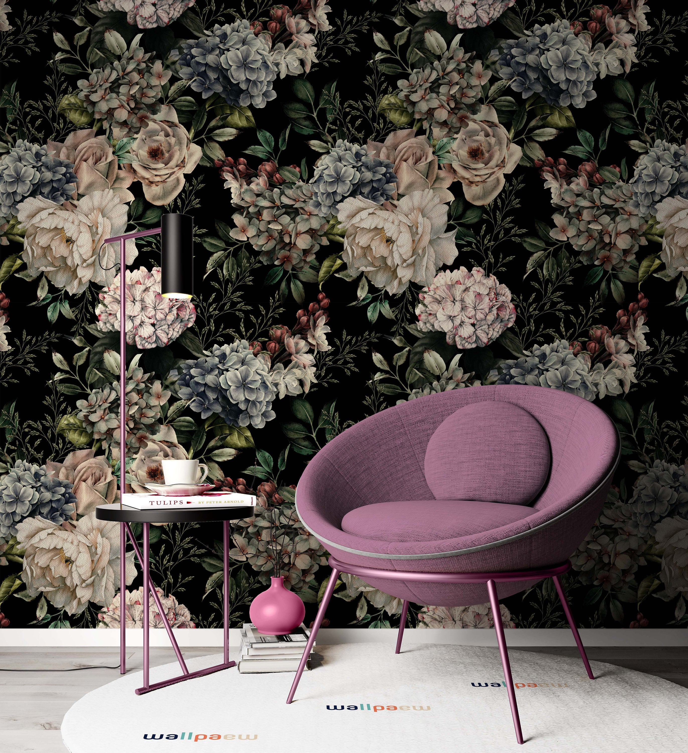 Floral Pattern With Flowers On Dark Background Wallpaper Restaurant Cafe Office Living Room Bedroom Mural Home Wall Art