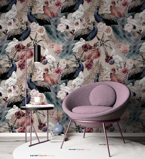 Floral Pattern with Birds Modern Design Animal Wallpaper Animals Restaurant Living Room Cafe Office Bedroom Mural Home Wall Art Removable