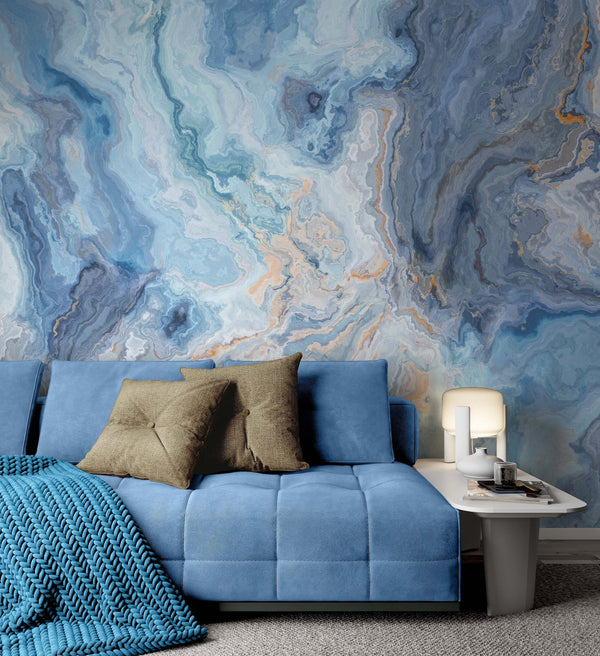 Blue Marble Pattern with Curly Grey and Gold Veins Abstract Wallpaper Mural Home Decor Wall Art Bathroom Bedroom Living Room Cafe Office