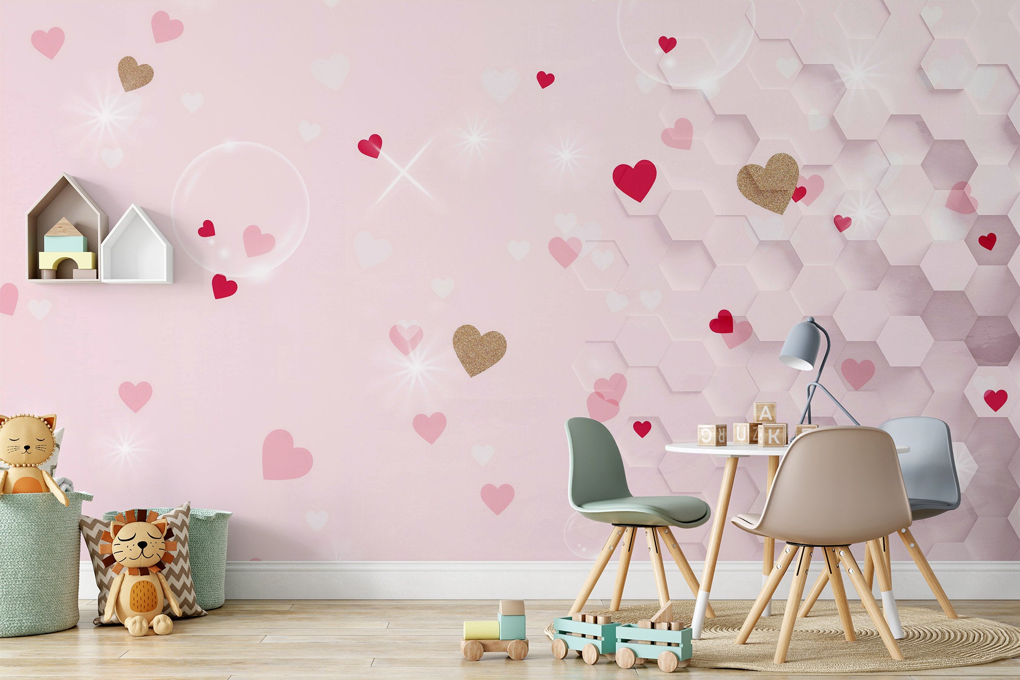 Heart Star Simple Abstract Hexagons Patterns on Pink Background Wallpaper Children Kids Room Bedroom Mural Home Decor Wall Art