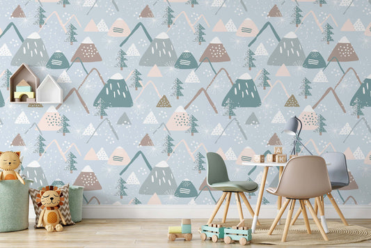 Snowy Mountains and Trees Pattern Wallpaper Children Kids Room Bedroom Mural Home Decor Wall Art Removable