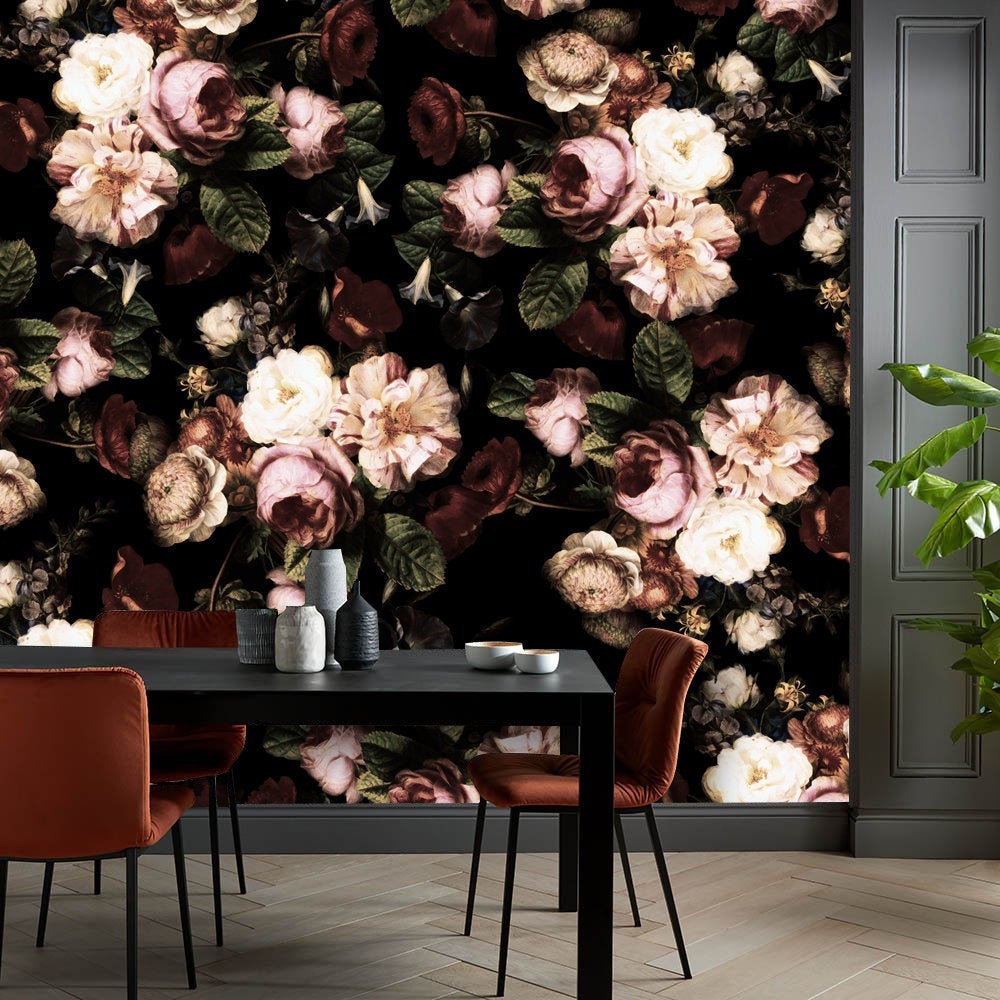 Dark Floral Black Flowers Background Peonies Wallpaper