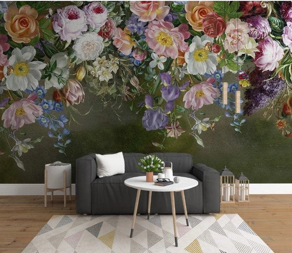 Colorful Garden Flowers On Dark Background Wallpaper Restaurant Cafe Office Living Room Bedroom Mural Home Wall Art