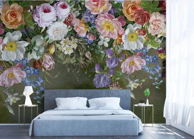 Colorful Garden Flowers On Dark Background Wallpaper Restaurant Cafe Office Living Room Bedroom Mural Home Wall Art