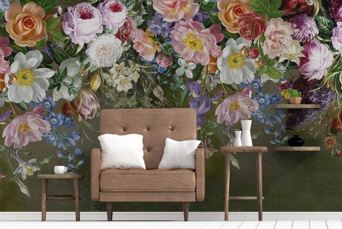 Colorful Garden Flowers On Dark Background Wallpaper Restaurant Cafe Office Living Room Bedroom Mural Home Wall Art