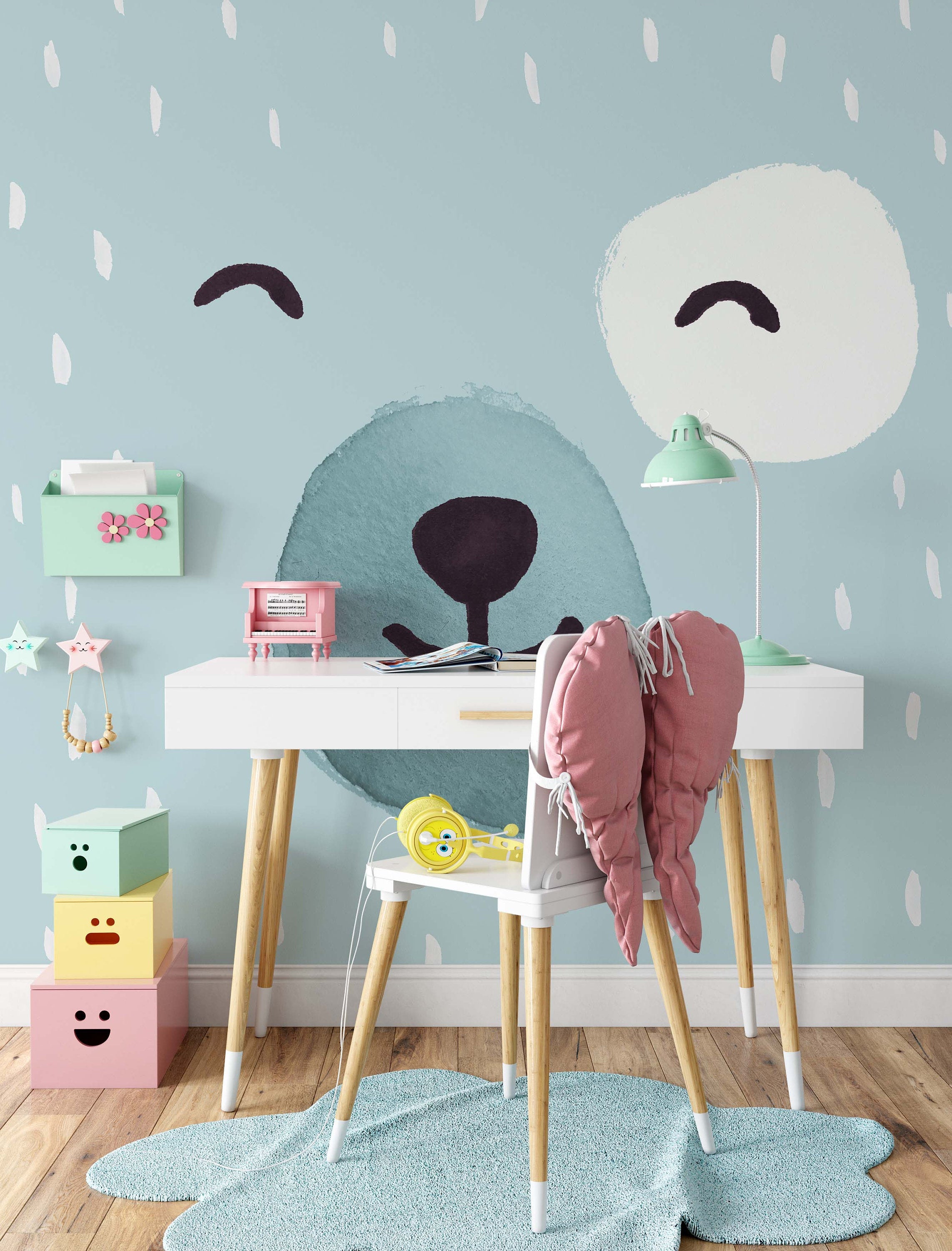 Cute Pink And Blue Bear Animal Wallpaper Children Kids Room Bedroom Mural Home Decor Wall Art Removable