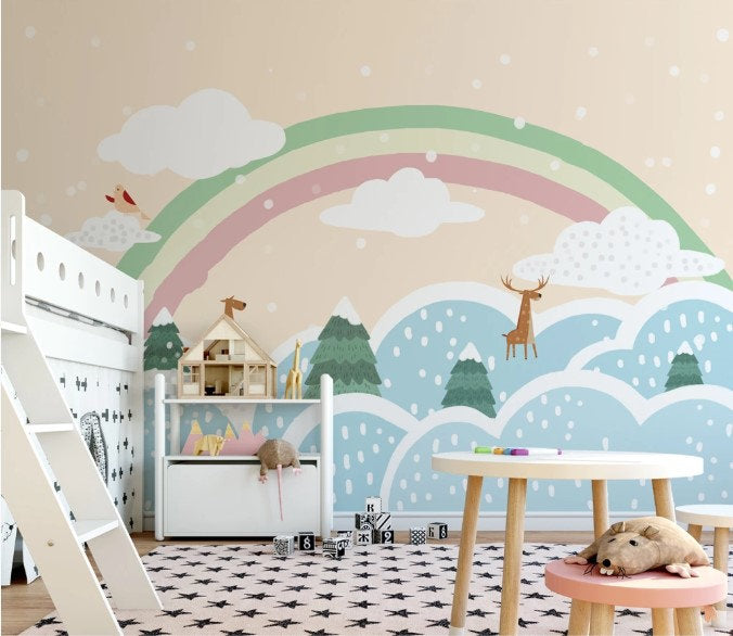 Rainbow Above The Clouds and Deer Wallpaper Animal Nursery Children Kids Room Mural Home Decor Wall Art
