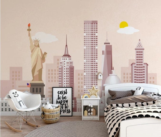 Statue of Liberty and Skyscrapers USA New York Wallpaper Nursery Children Kids Room Mural Home Decor Wall Art