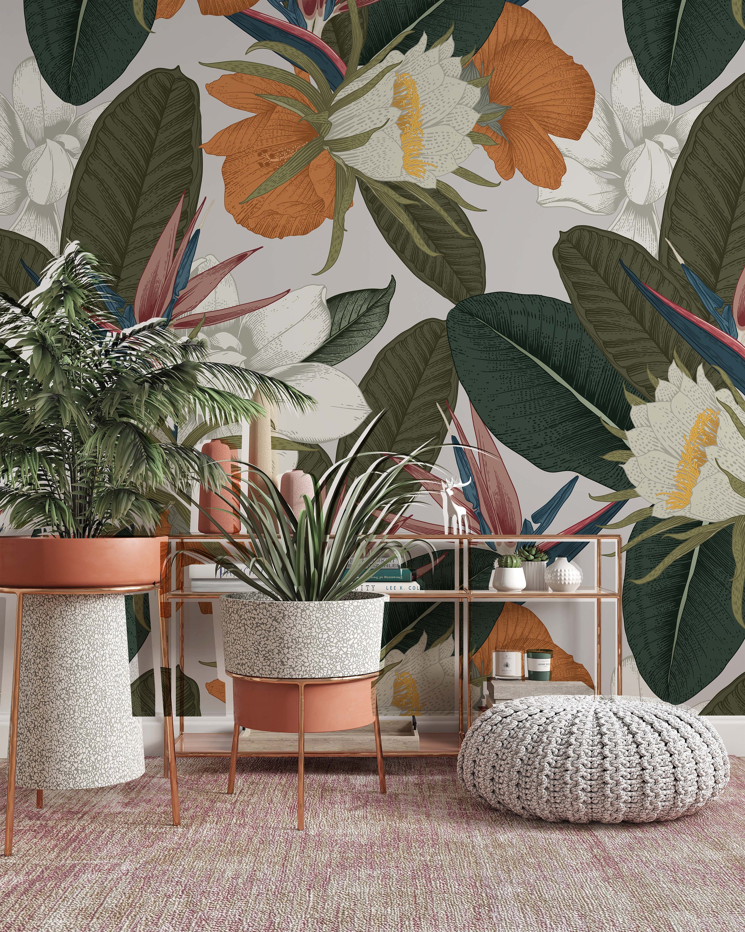 Floral Pattern with Tropical Flowers on Light Background Wallpaper Restaurant Living Room Cafe Office Bedroom Mural Home Wall Art