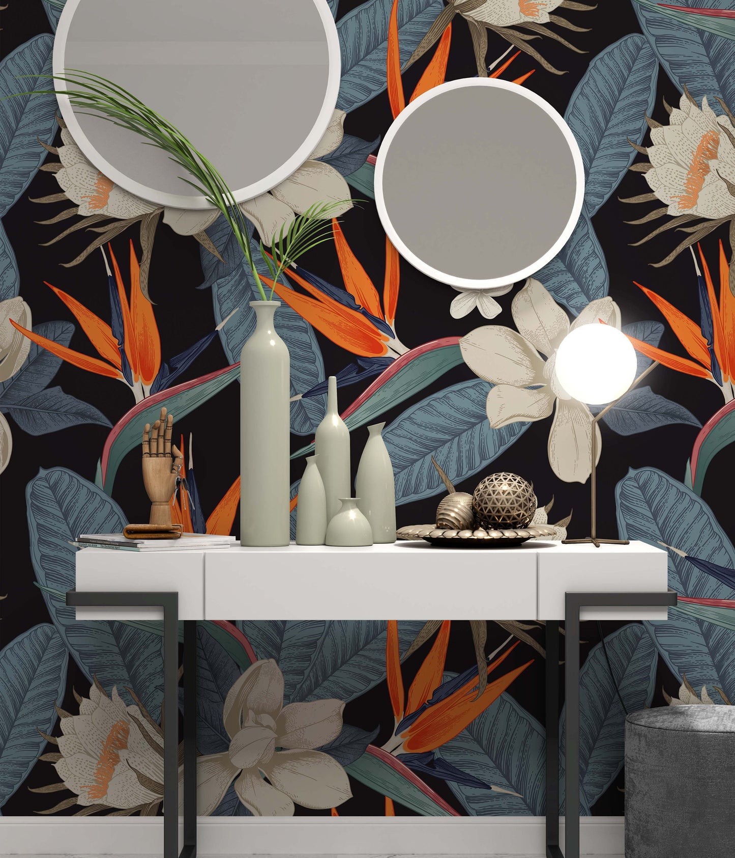 Botanical Flowers on The Dark Background Modern Leaves Floral Wallpaper Restaurant Living Room Cafe Office Bedroom Mural Home Wall Art