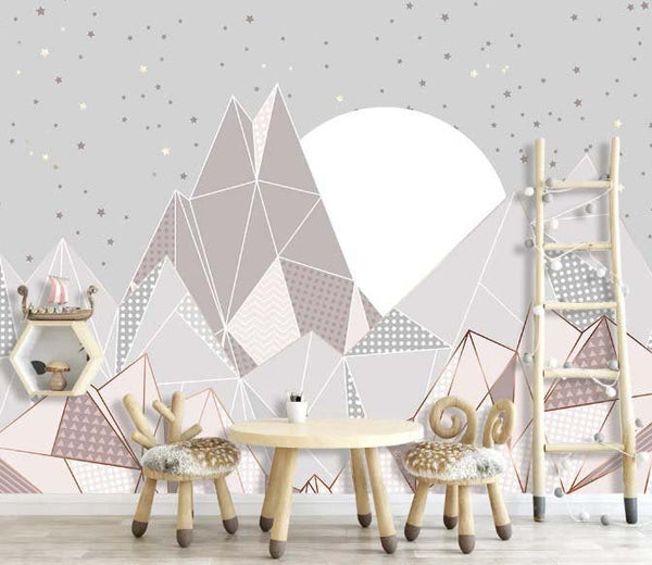 Geometric Shape Triangle Mountains and Stars Fullmoon Moon Wallpaper Kids Room Children Wall Decor Mural Art Removable