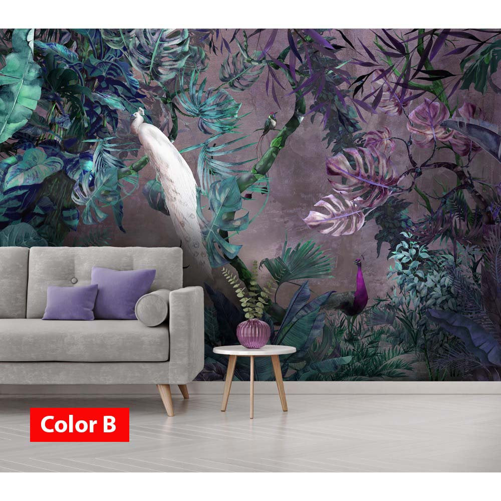 Tropical Jungle Plants Leaves Peacock Flowers Floral Wallpaper