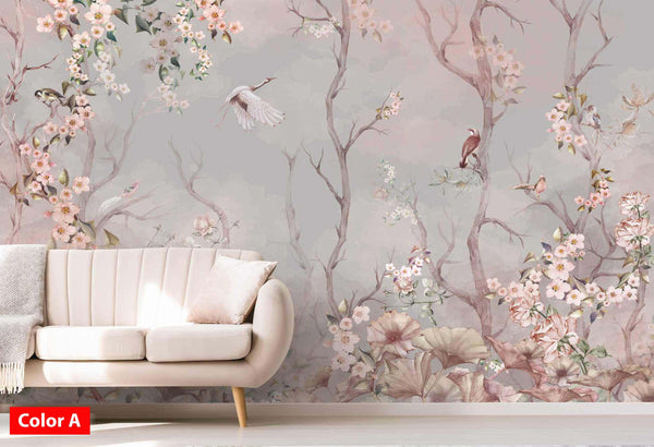 Birds White Pink Flowers Background Floral Wallpaper
