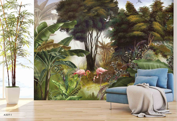 Pink Flamingos in the Forest Wallpaper Mural Home Wall Art