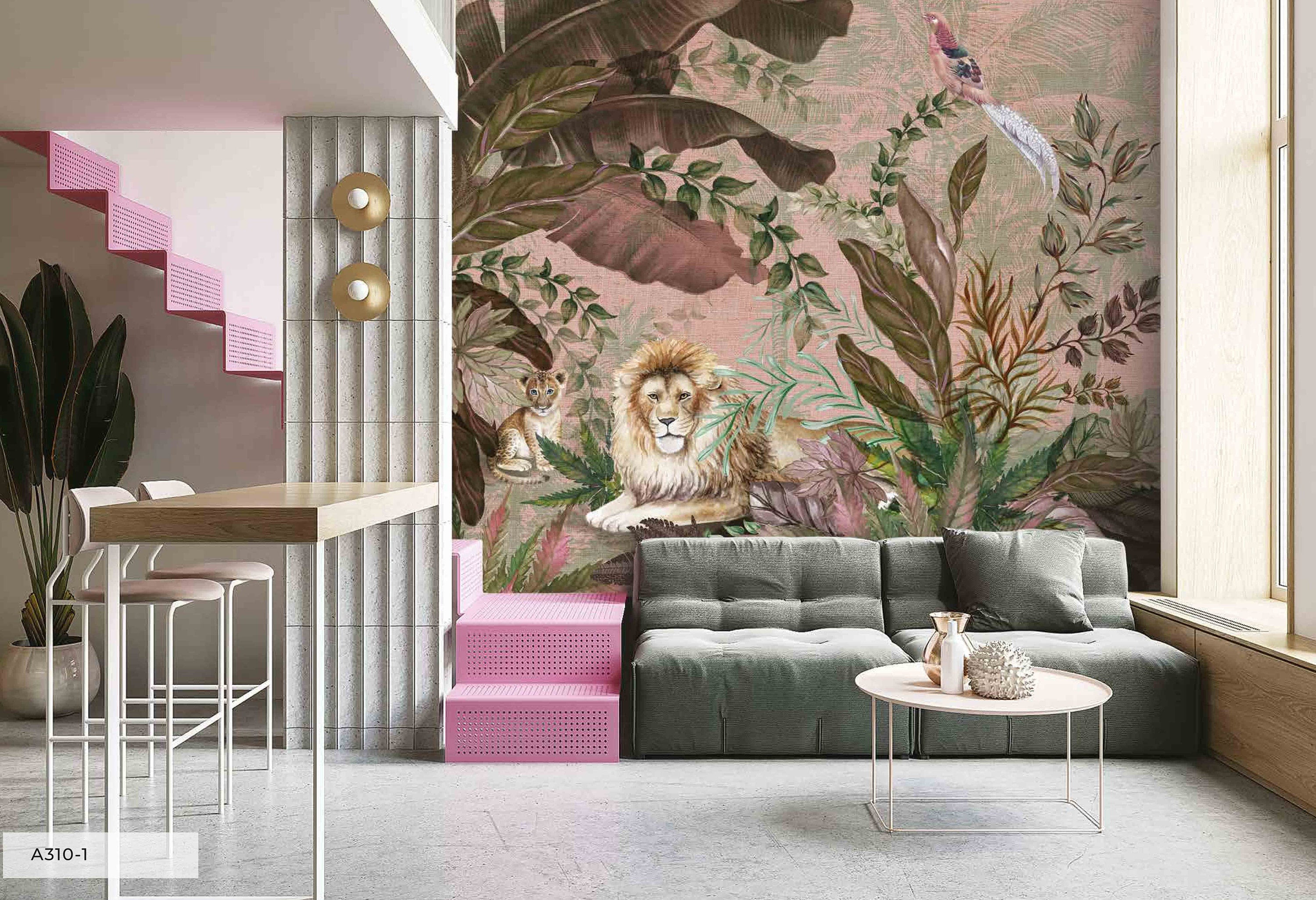 Lion and Cub Between Tropical Plants Wallpaper Wall Art