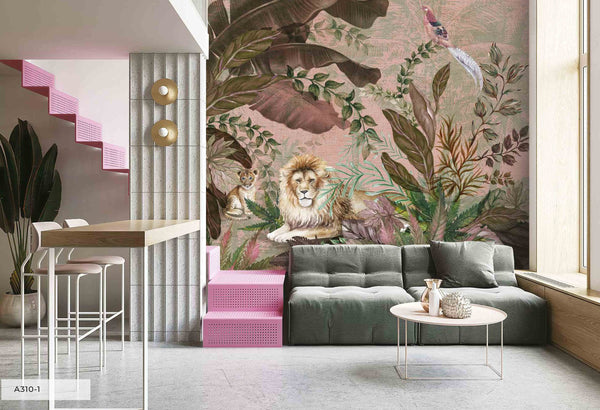 Lion and Cub Between Tropical Plants Wallpaper Wall Art