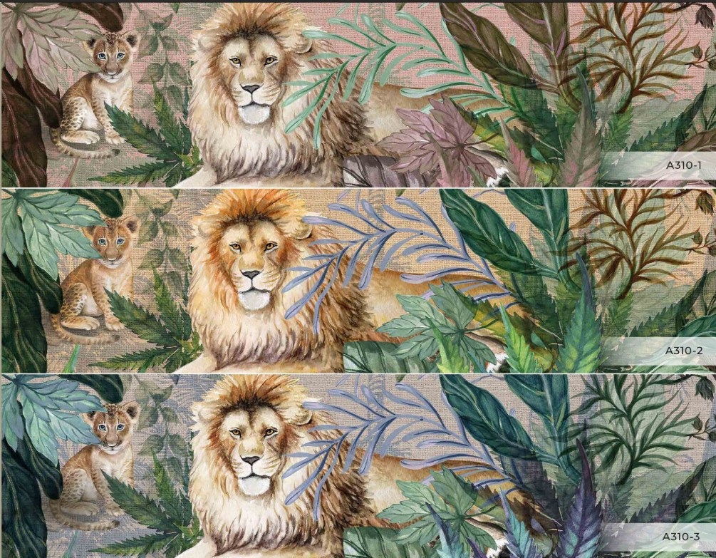 Lion and Cub Between Tropical Plants Wallpaper Wall Art