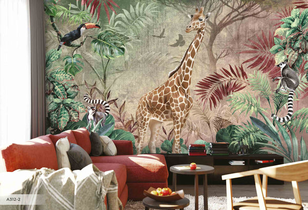 Giraffe And Other Animals Tropical Plants Leaves Floral Wallpaper