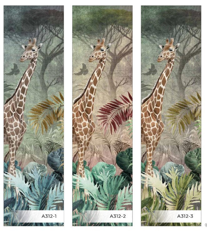 Giraffe And Other Animals Tropical Plants Leaves Floral Wallpaper