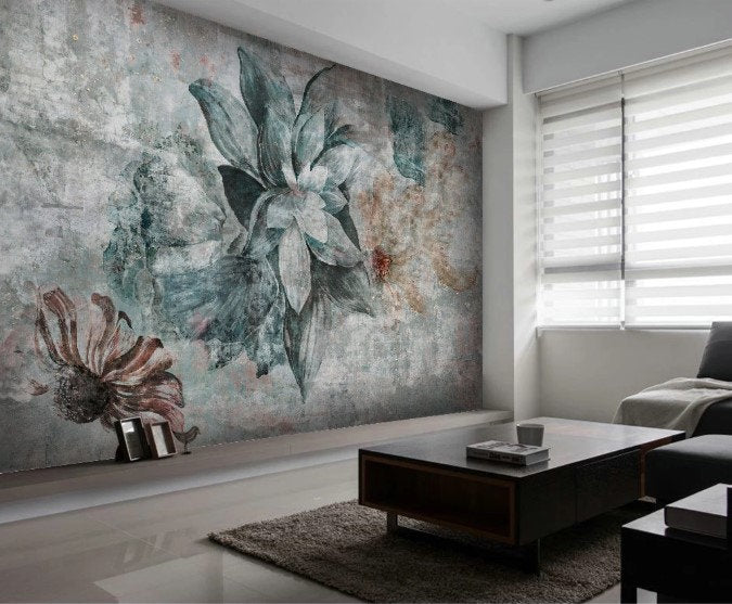 Concrete Patterned Vintage Flowers Wallpaper Background Restaurant Living Room Cafe Office Bedroom Mural Home Wall Art