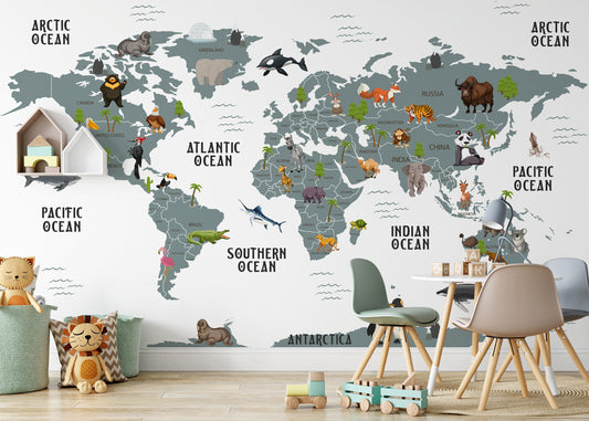 Wildlife Animals White Ocean Background World Map Wallpaper Animal Bedroom Children Kids Room Mural Home Decor Wall Art