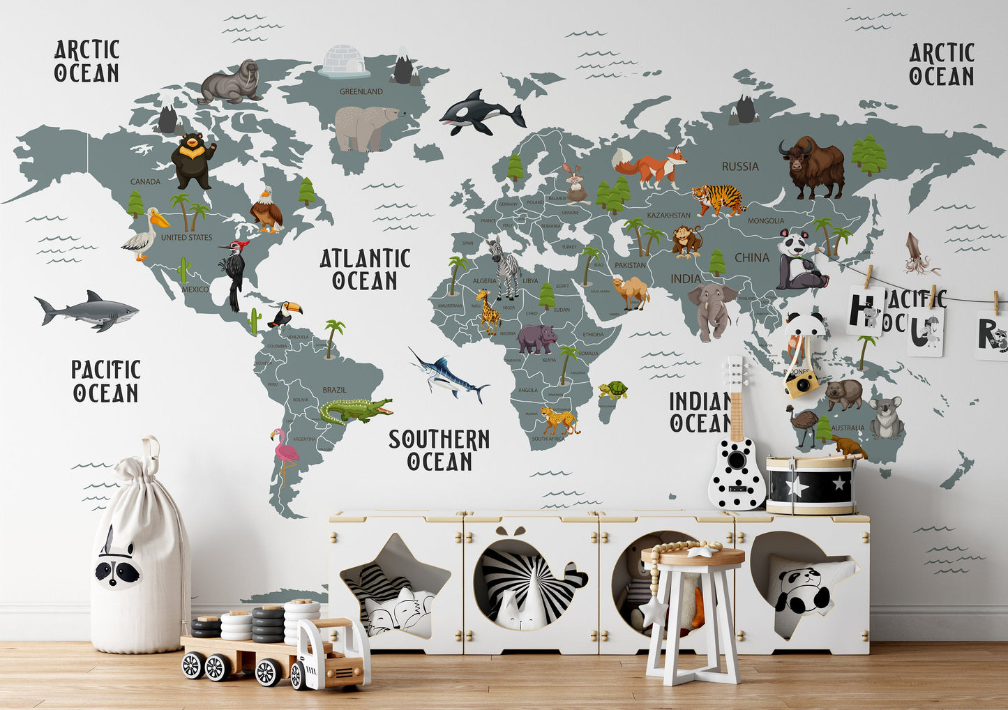 Wildlife Animals White Ocean Background World Map Wallpaper Animal Bedroom Children Kids Room Mural Home Decor Wall Art