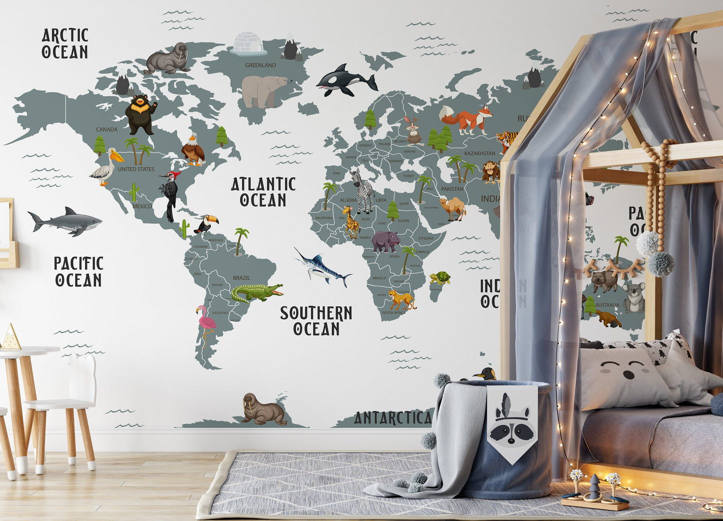 Wildlife Animals White Ocean Background World Map Wallpaper Animal Bedroom Children Kids Room Mural Home Decor Wall Art