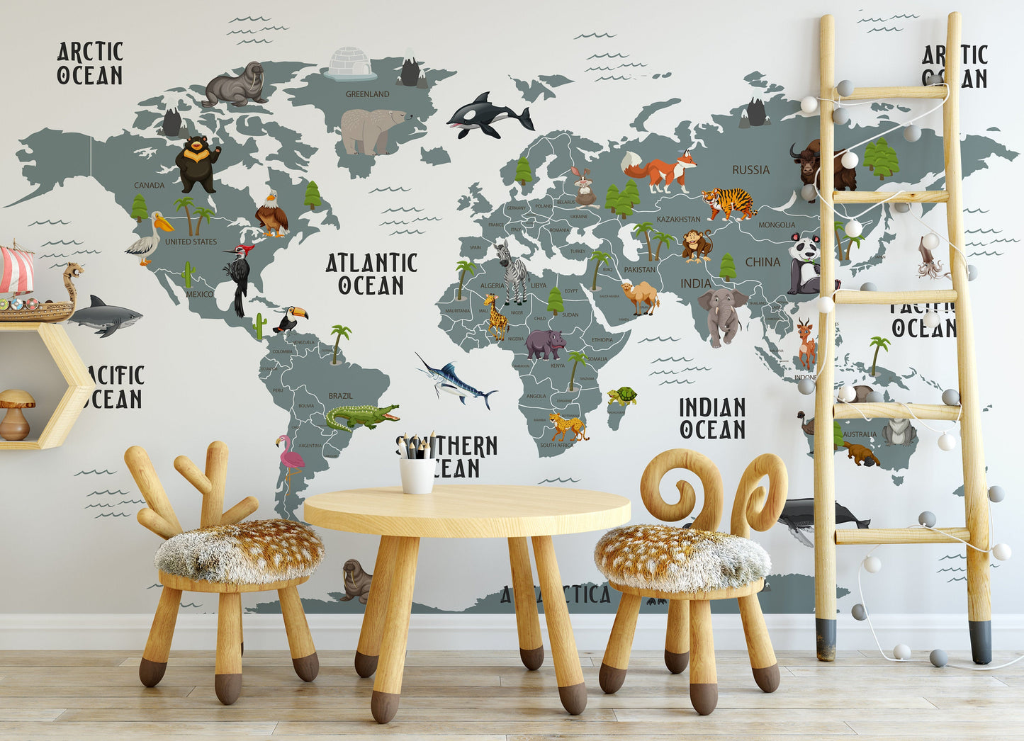 Wildlife Animals White Ocean Background World Map Wallpaper Animal Bedroom Children Kids Room Mural Home Decor Wall Art