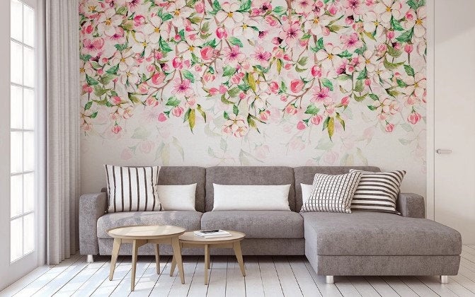 Pink Garden Flowers Floral Pattern Modern Design Wallpaper Restaurant Living Room Cafe Office Bedroom Mural Home Wall Art