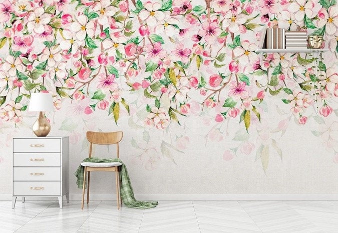 Pink Garden Flowers Floral Pattern Modern Design Wallpaper Restaurant Living Room Cafe Office Bedroom Mural Home Wall Art
