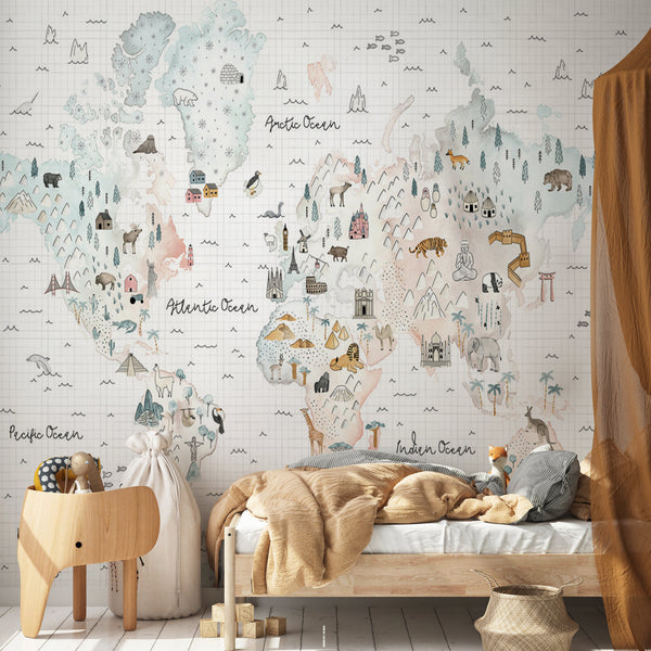Cartoon Architectural Structures World Map Abstract Wallpaper