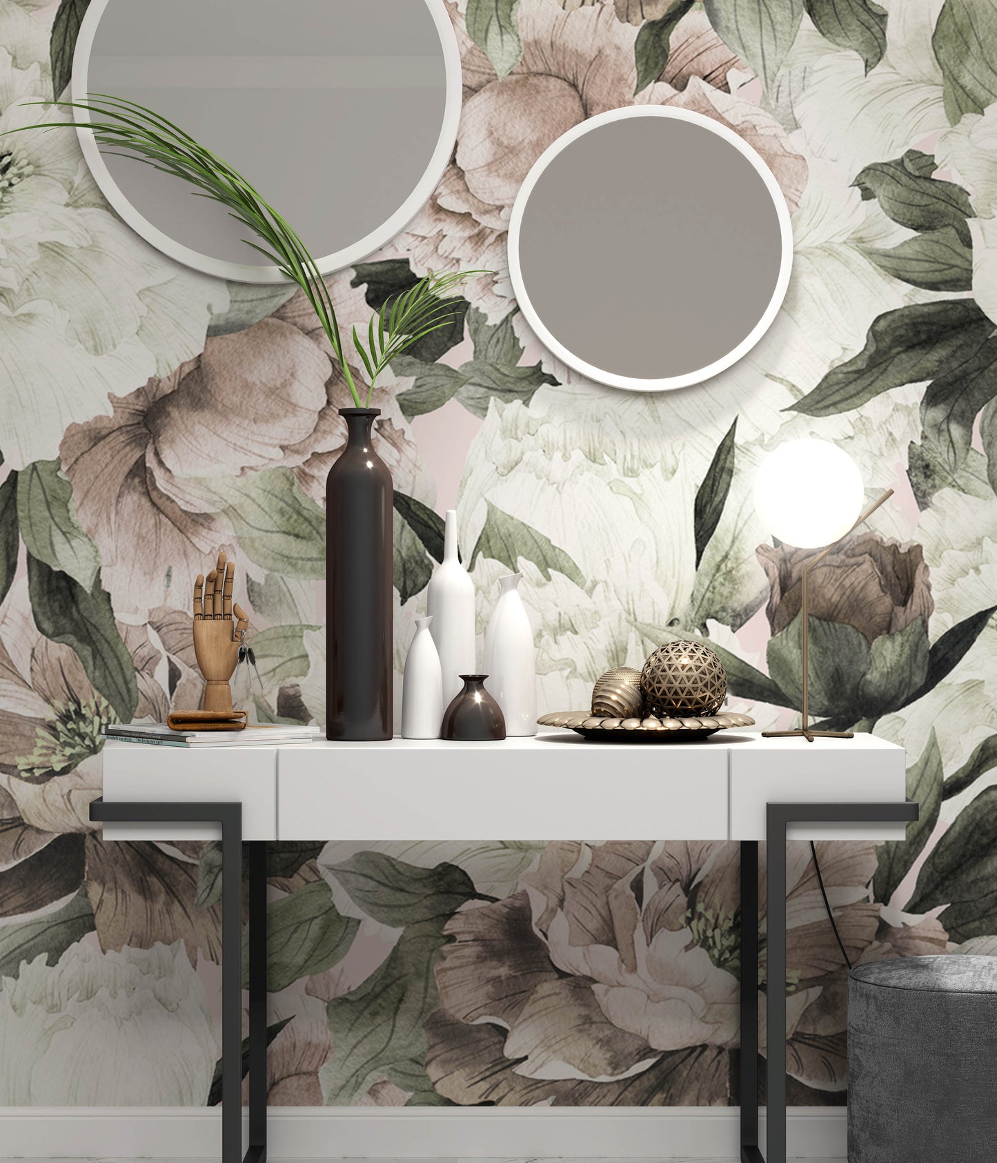 Oil Painting Floral White and Dark Pink Flower Wallpaper