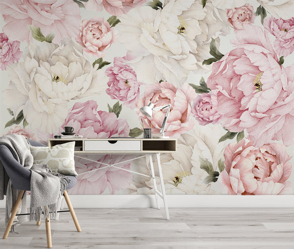 Pink and White Peony Flowers Peonies Floral Murals Wallpaper