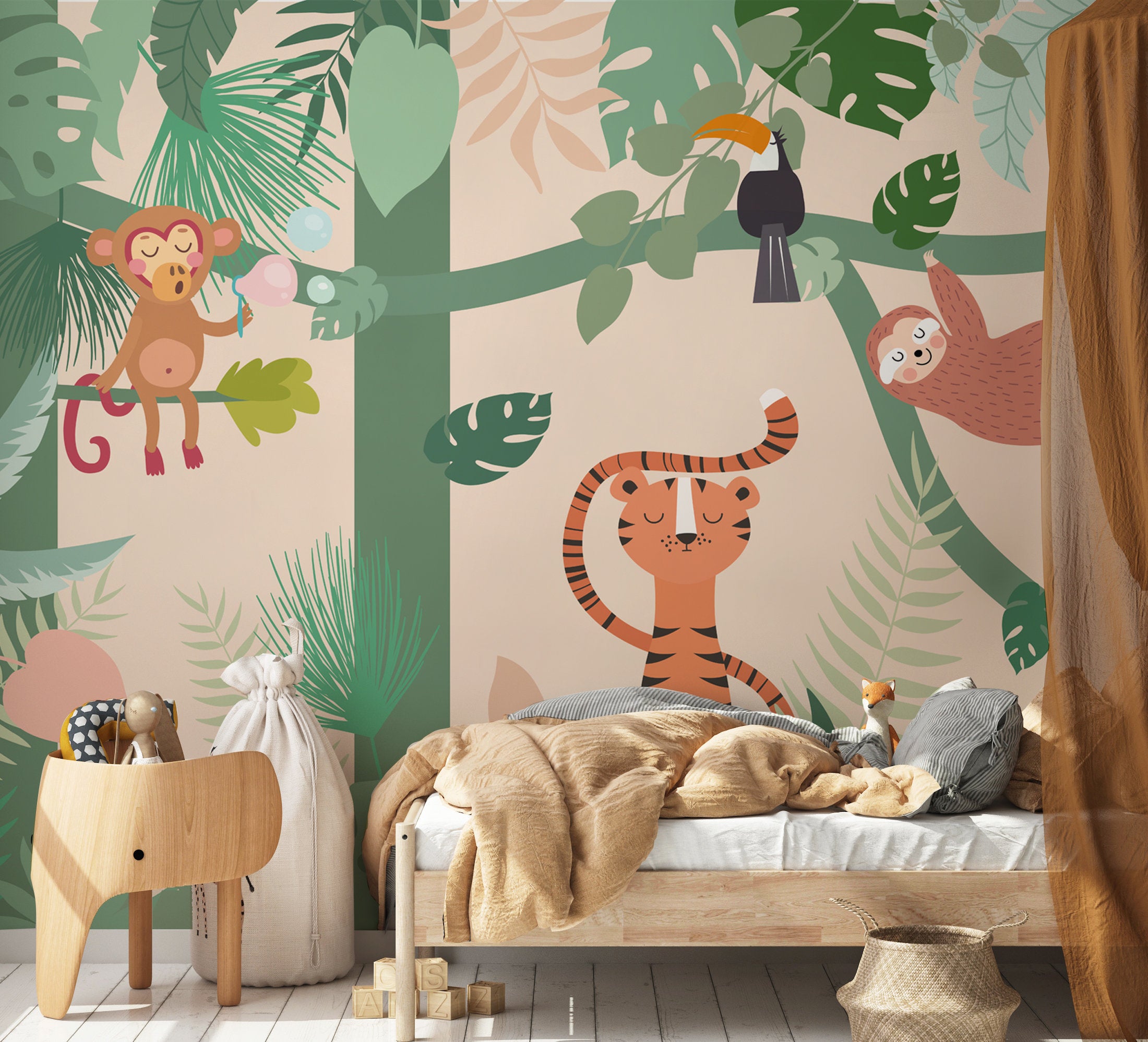 Tropical Jungle Animals Trees Plants Wallpaper Wall Art