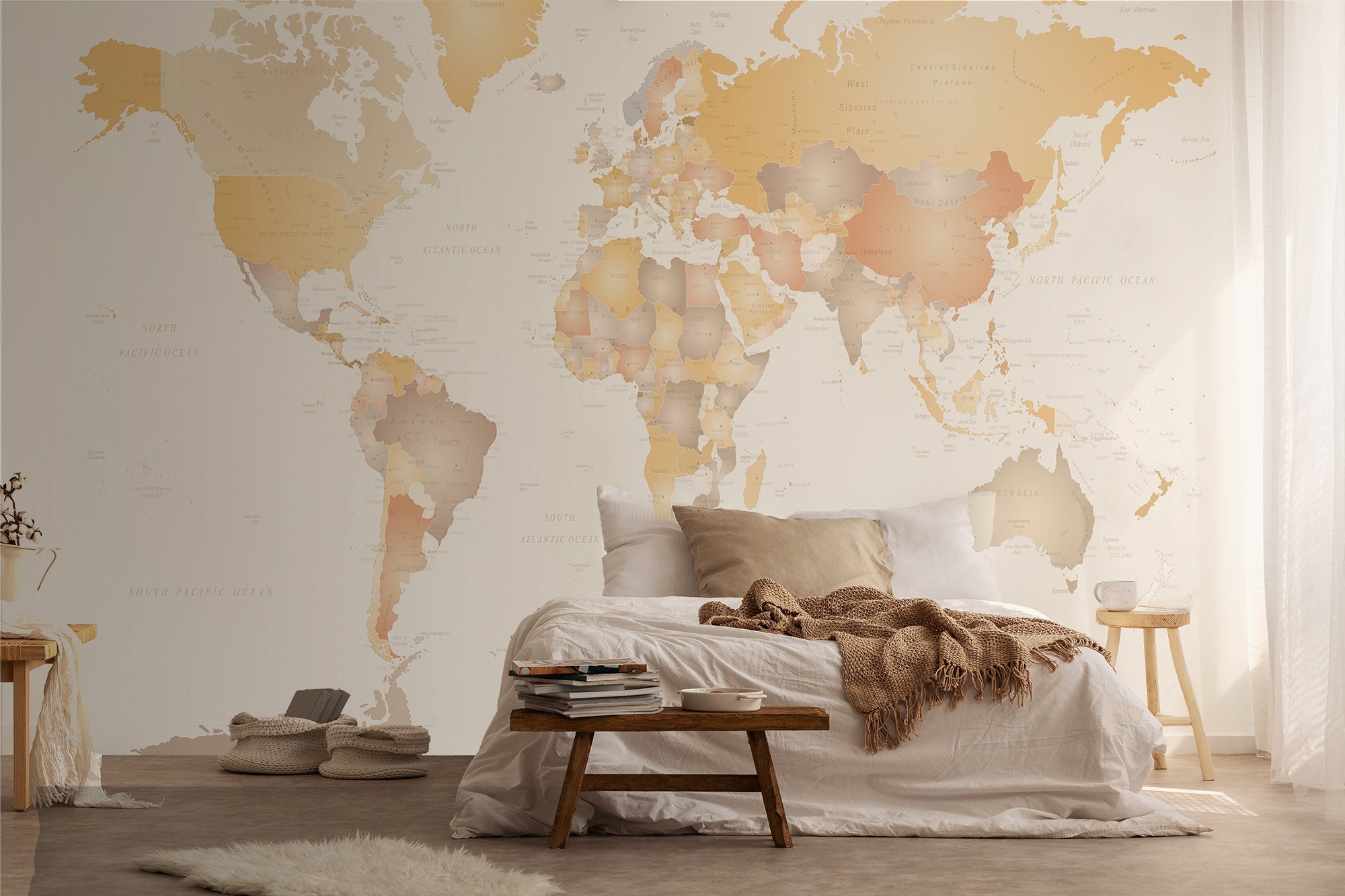 Light Color World Map Wallpaper In Cream And Brown Tones