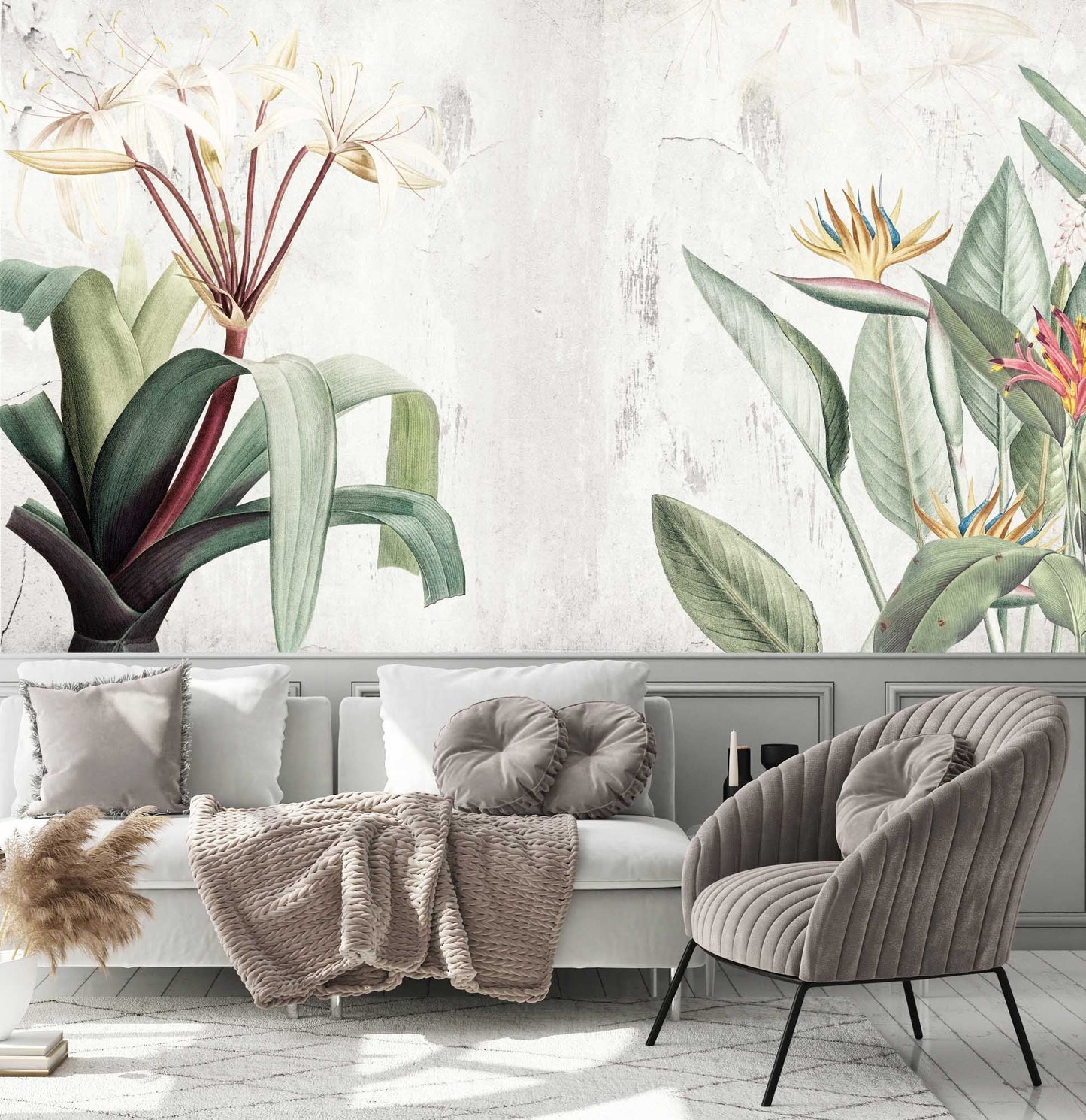 Tropical Exotic Plant White Flower Design Decor Wallpaper