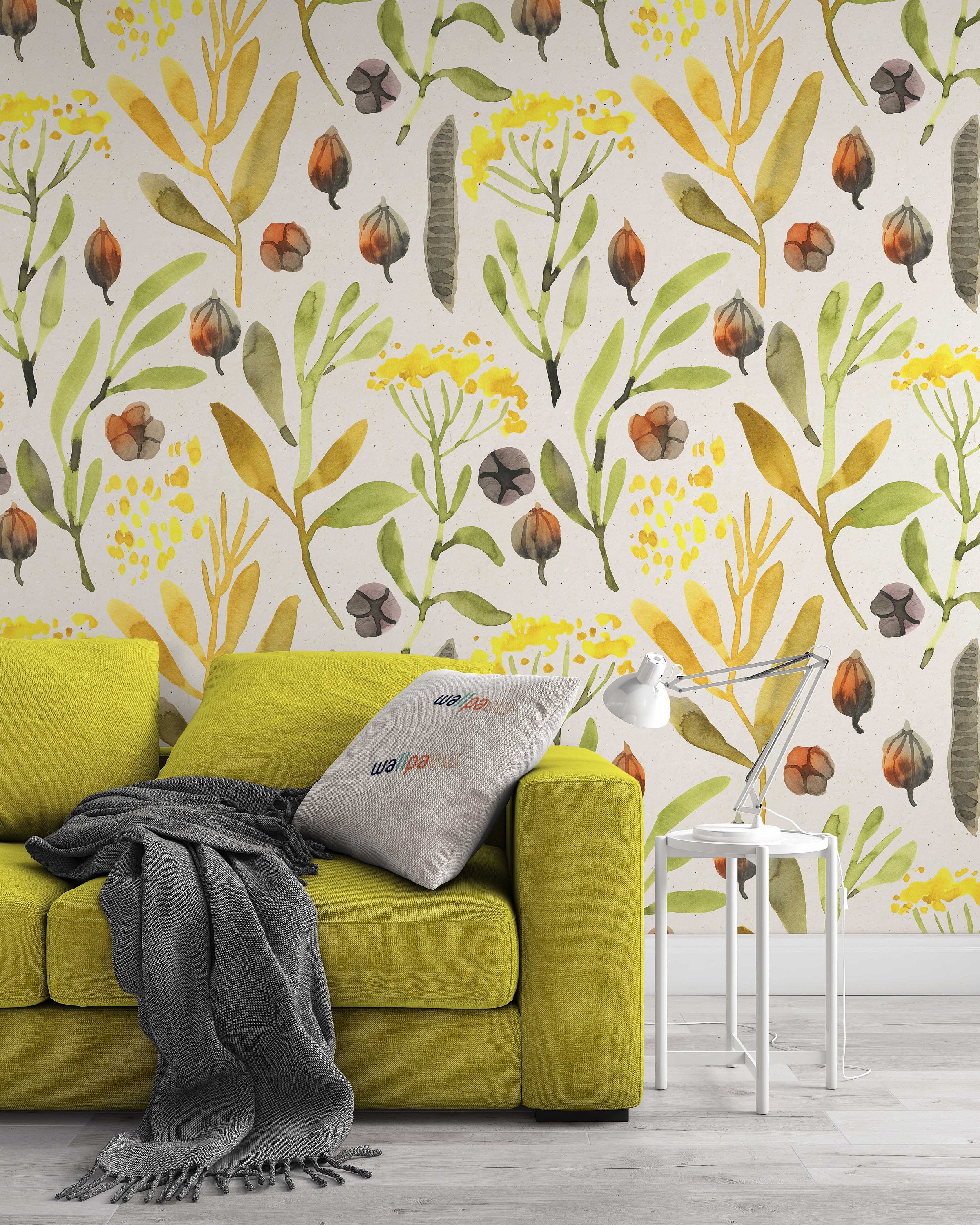 Watercolor Yellow Green Modern Design Flowers Floral Wallpaper