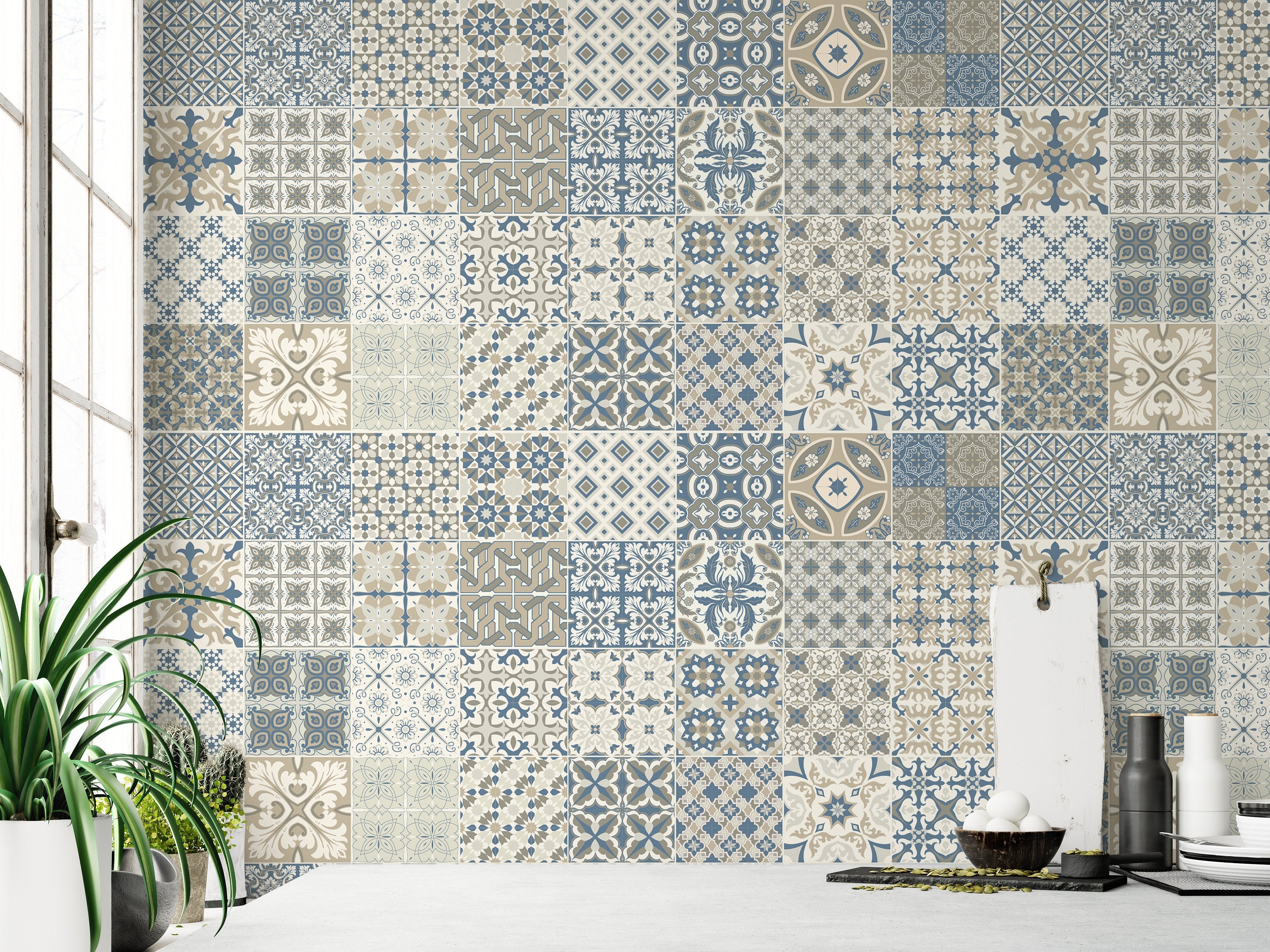 Arabic And Moroccan Style Blue Biege Square Modern Wallpaper