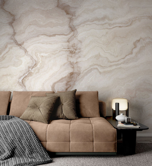 Beige Marble Pattern With Curly White And Orange Veins Wallpaper