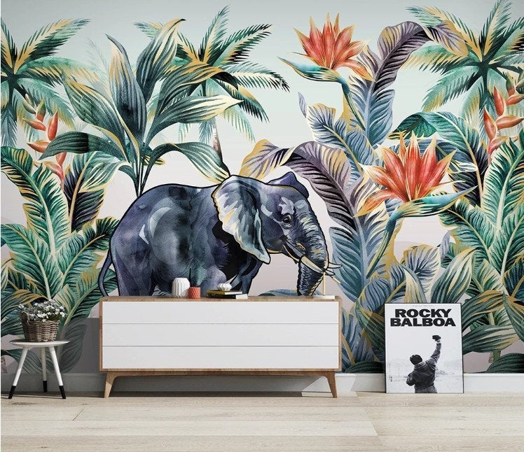 Watercolor Elephant Tropical Plants Floral Animal Wallpaper