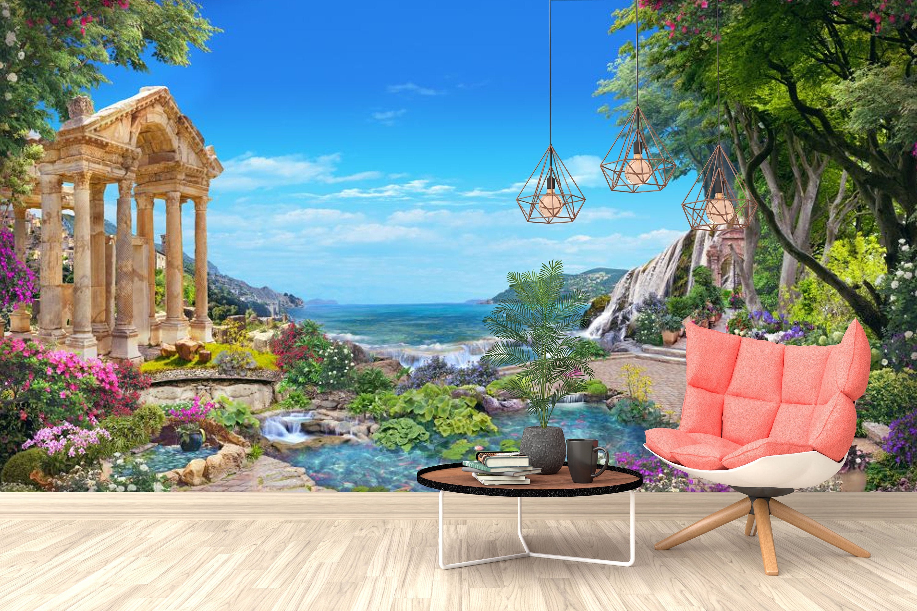 Beautiful Sea View From A Roman Garden With Flowers Wallpaper