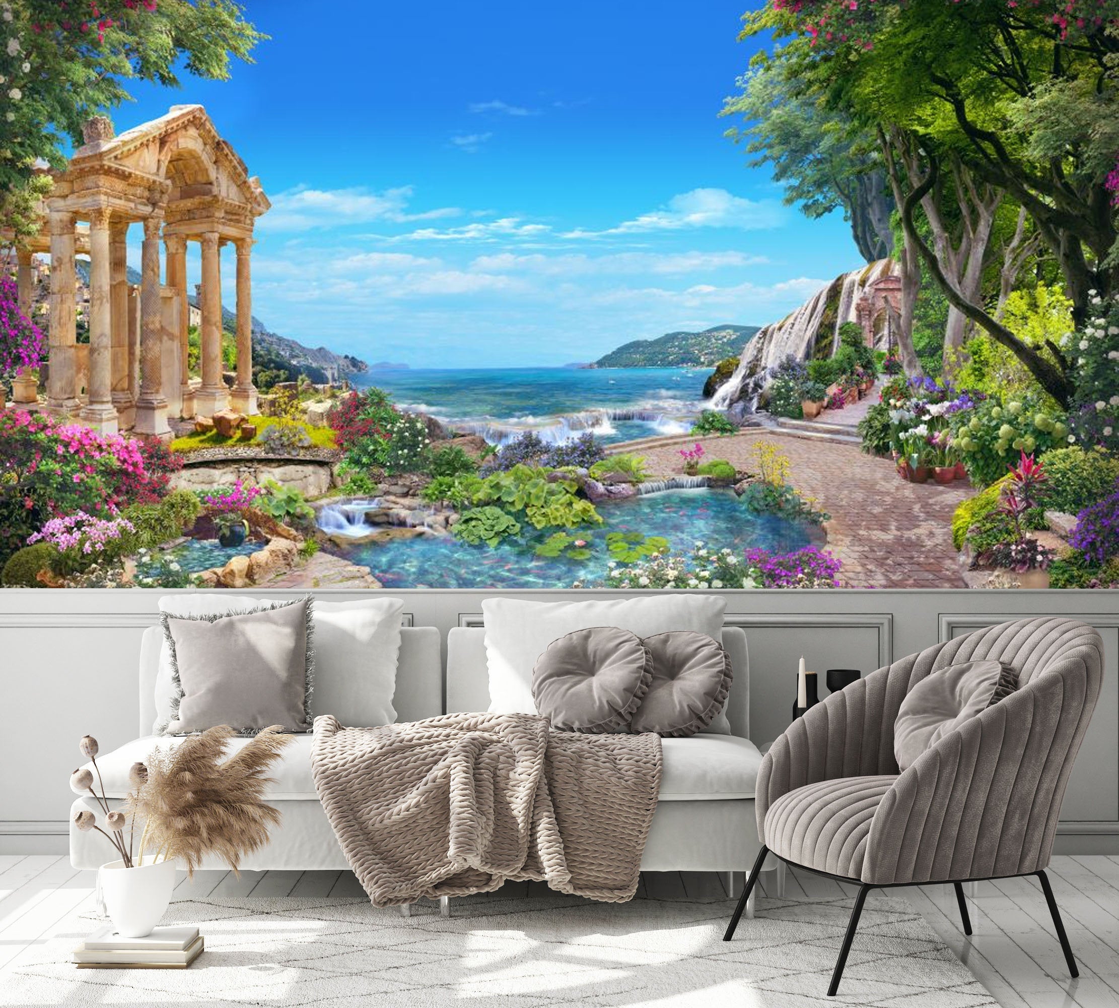Beautiful Sea View From A Roman Garden With Flowers Wallpaper