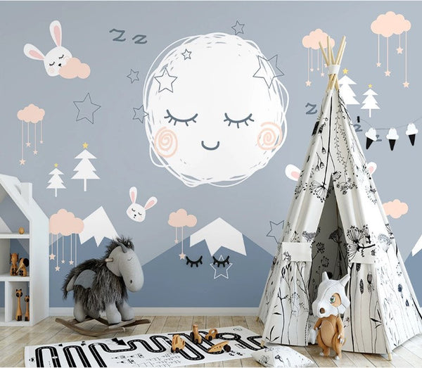 Sleeping Moon Fullmoon Mountains Rabbits Clouds Stars Trees Wallpaper Animal Animals Bedroom Children Kids Room Mural Home Decor Wall Art