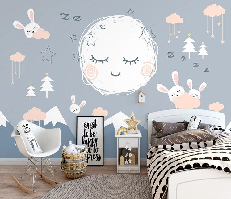 Sleeping Moon Fullmoon Mountains Rabbits Clouds Stars Trees Wallpaper Animal Animals Bedroom Children Kids Room Mural Home Decor Wall Art
