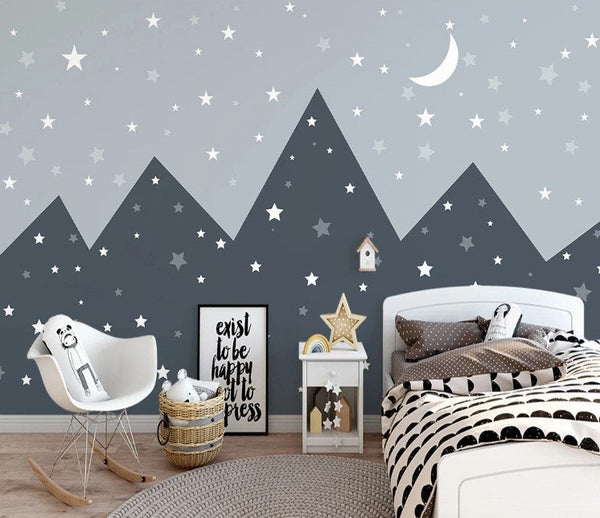 Triangle Row Of Mountains Midnight Sky and Stars Crescent Moon Wallpaper Bedroom Children Kids Room Mural Home Decor Wall Art Removable