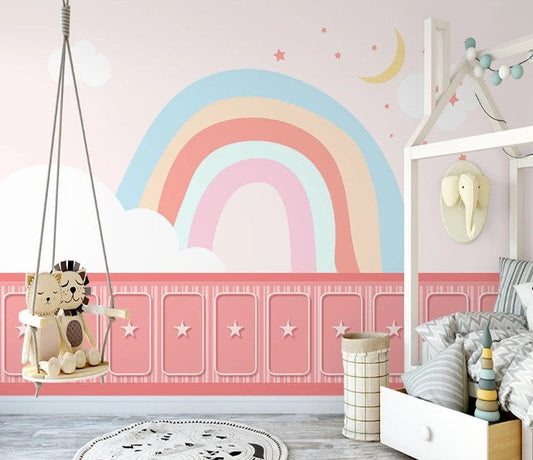 Rainbow Pink Sky Crescent Moon Stars Clouds Wallpaper Animal Bedroom Children Kids Room Mural Home Decor Wall Art Removable