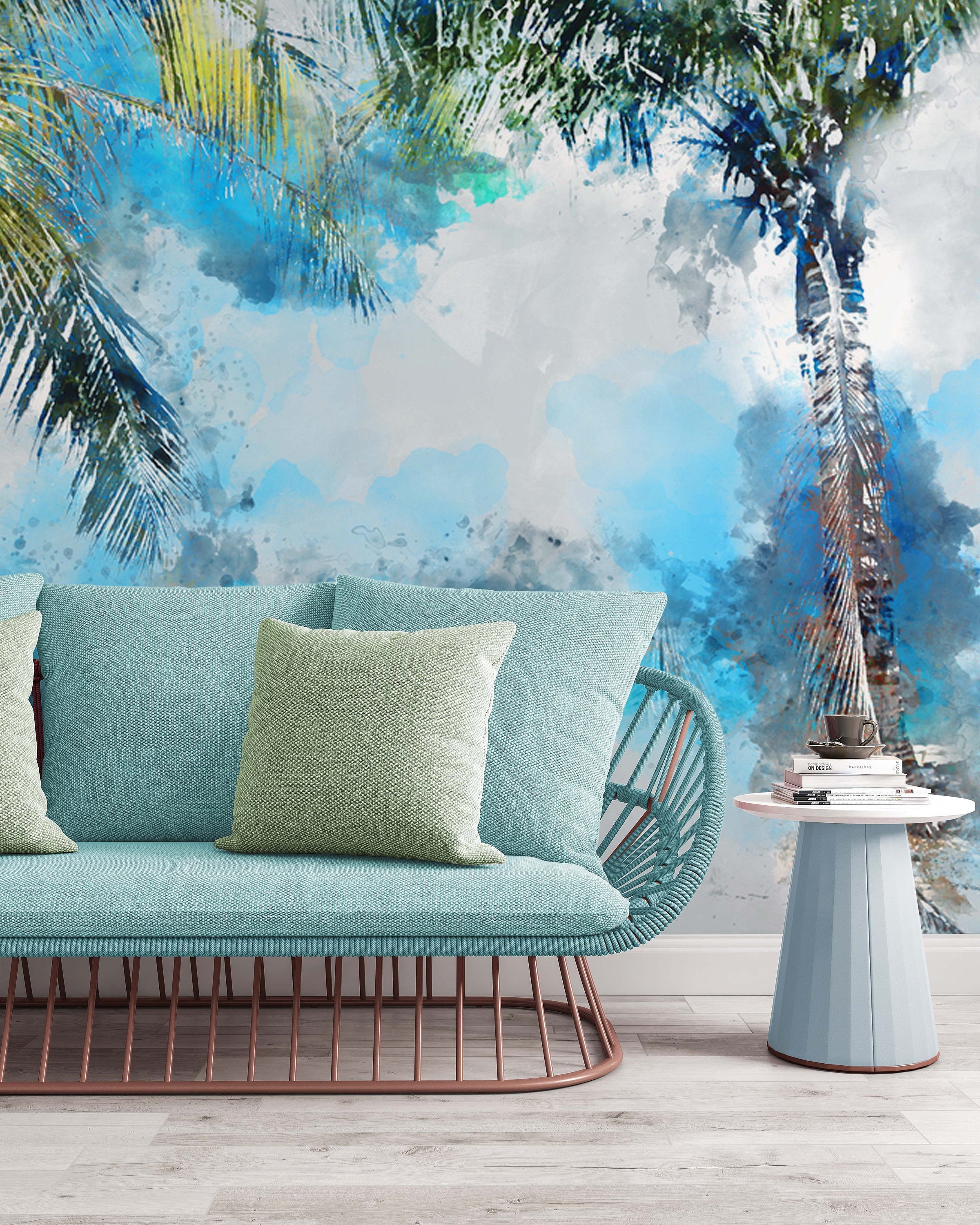 Watercolor Coconut Palm Tree On The Beach Wallpaper Kitchen Bedroom Living Room Office Mural Home Decor Wall Art