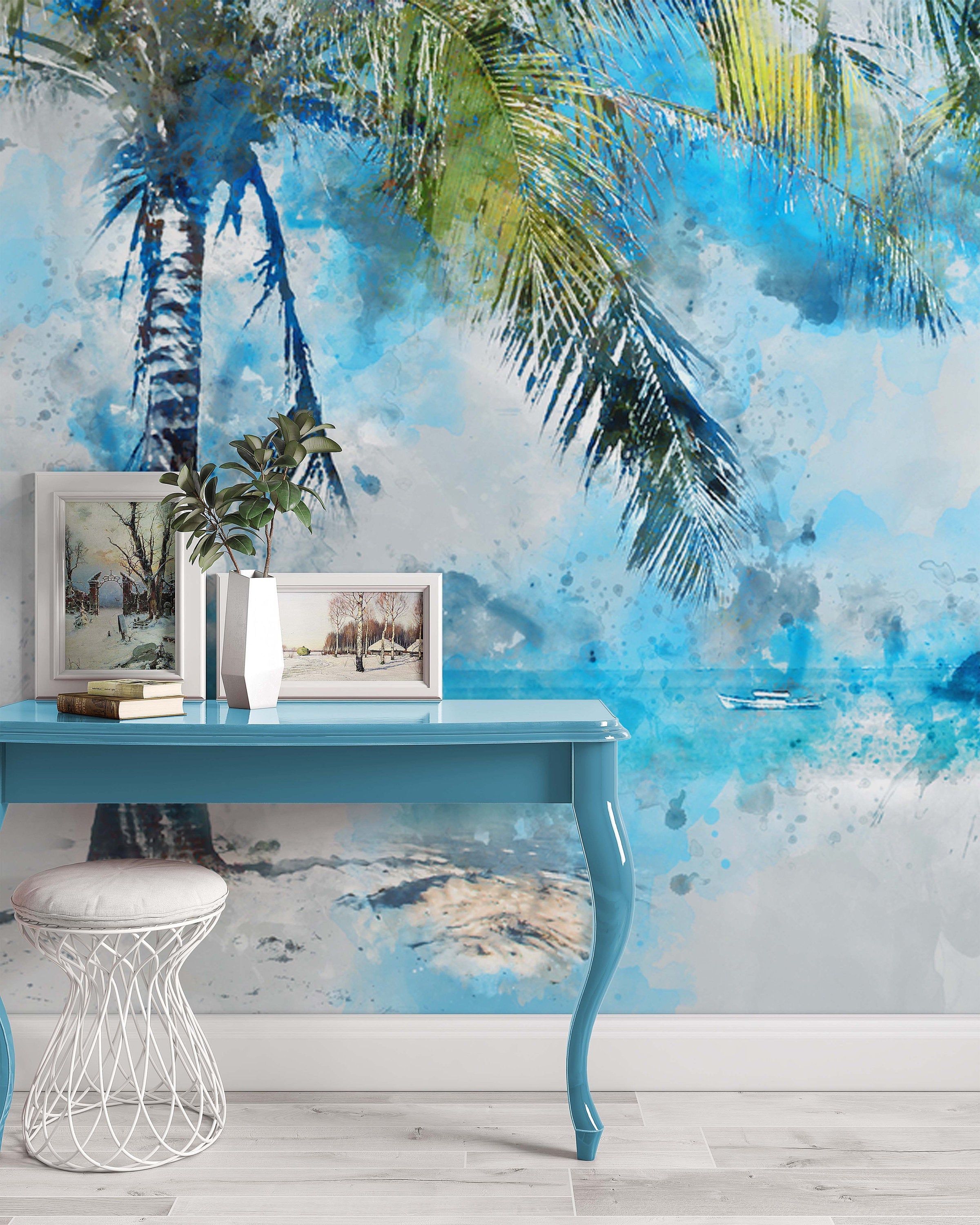 Watercolor Coconut Palm Tree On The Beach Wallpaper Kitchen Bedroom Living Room Office Mural Home Decor Wall Art