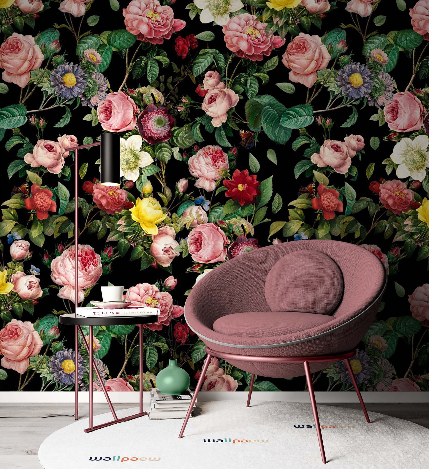 Colorful Roses Dark Floral Flowers Modern Background Wallpaper Living Room Cafe Restaurant Office Bedroom Mural Home Wall Art
